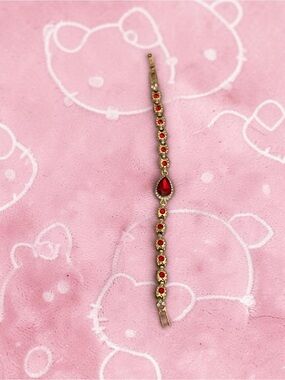 Gold Tone Red Rhinestone Tennis Bracelet Pear Cut Red Crystal
